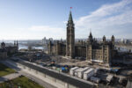 Centre Block; View from East Block scaffolding; Front Lawn; Excavation; West Block; Protesters; Parliamentary Precinct.